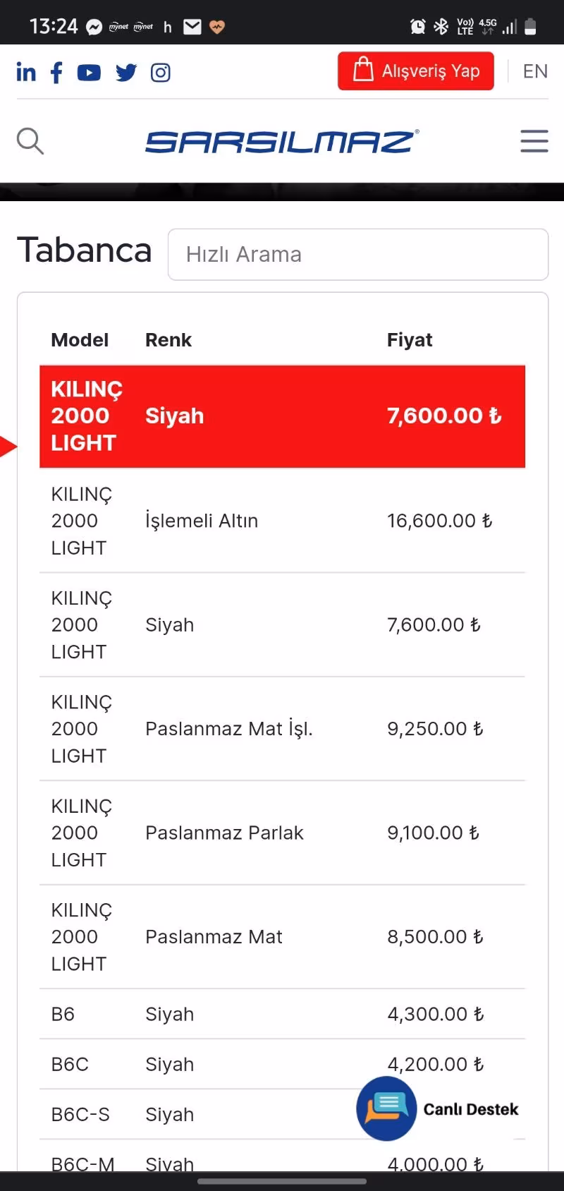 Sarsılmaz kılınç 2000 LİGHT  işlemeli