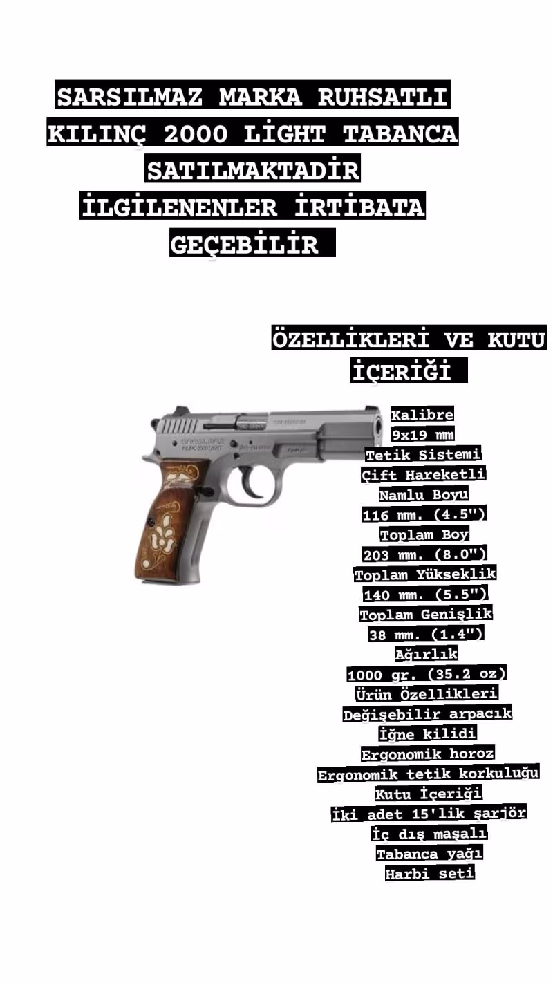Sahibinden Kılınç 2000 light ruhsatlı tabanca